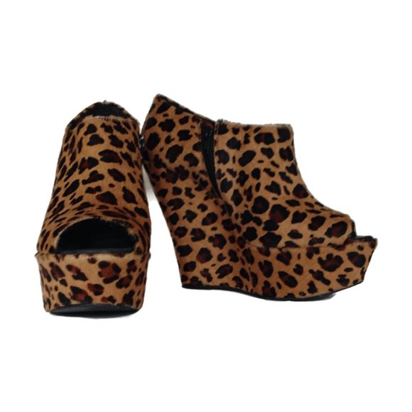 Vintage Leopard Platform Peep Toe Wedges - Picture 2 of 10